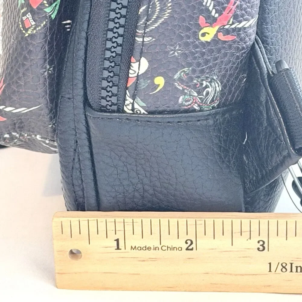 Ed Hardy Black Faux Leather Tattoo Print Mini Backpack/Sling Crossbody Bag NWT